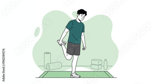Young Man Stretching Quadriceps on Yoga Mat in Minimalist Illustration Style for Fitness and Wellness Concepts