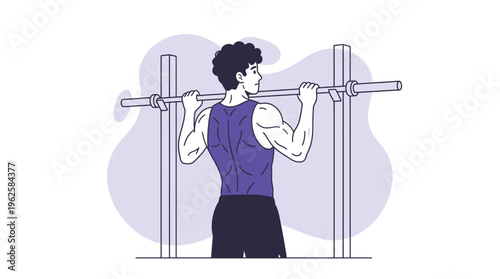 Young Man Engaged in Intense Back Workout Doing Pull-ups on Horizontal Bar, Strength Training Illustration