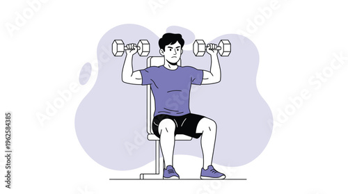 Focused Young Man Performing Dumbbell Shoulder Press on a Weight Bench, Illustrating Strength and Fitness Training