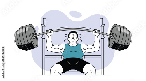 A man intensely struggles to lift a heavy barbell during a challenging bench press workout in the gym, showcasing immense effort and determination.