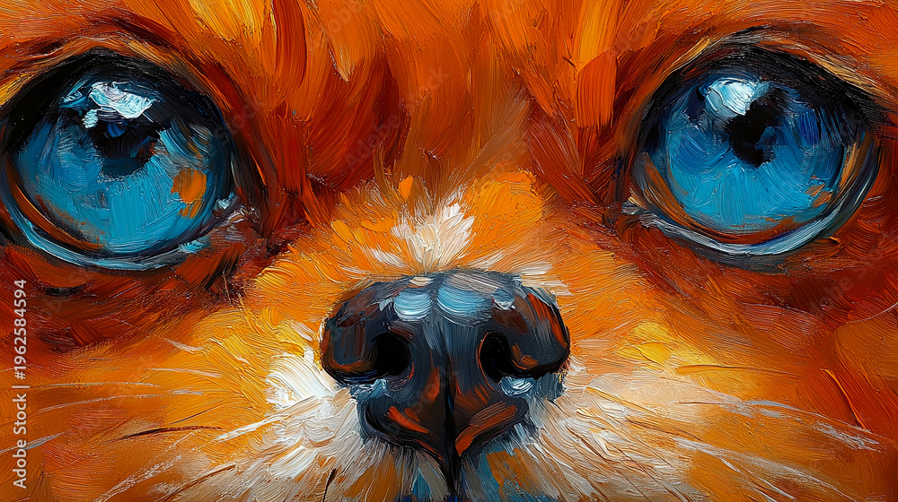 Fototapeta premium Expressive oil painting captures intense blue eyes and wet black nose of adorable fox, rendered with thick, impasto brushstrokes in vibrant orange and warm hues, showcasing close-up, intimate portrait