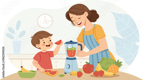 A mother and her young son preparing a healthy smoothie together in a modern kitchen