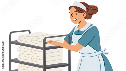 A cartoon maid pushing a cart stacked with neatly folded white towels in a hotel setting.