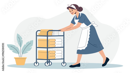 A cartoon illustration of a smiling maid pushing a laundry cart with neatly folded towels and sheets in a clean and minimalist environment.