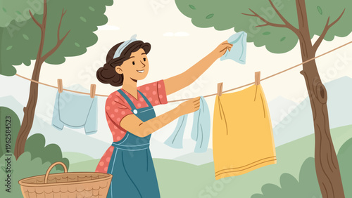 A woman hangs laundry on a clothesline in a serene outdoor setting with trees and a basket.