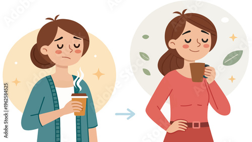 An illustration of a woman transforming from a tired and unhappy person to a happy and healthy individual after drinking a cup of tea