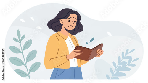 A worried woman looks at a book with a concerned expression on her face