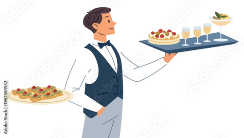 A smiling waiter carrying trays of food and drinks in a restaurant setting