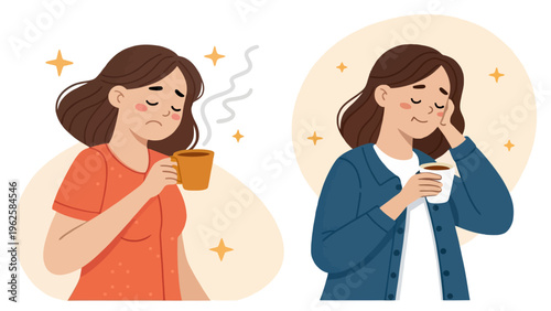 A woman experiences relief and comfort from drinking a hot beverage
