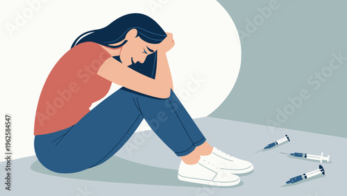 A woman sits on the floor with her head in her hands, surrounded by syringes, conveying a sense of sadness and despair.