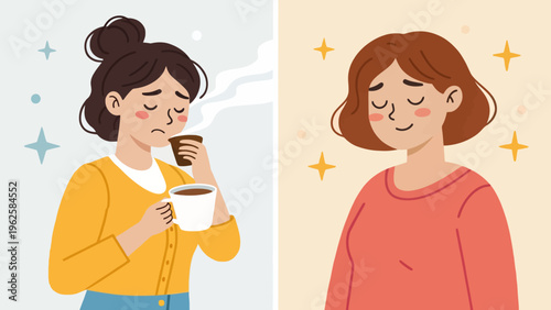 An illustration of two women experiencing different emotions while enjoying a cup of coffee