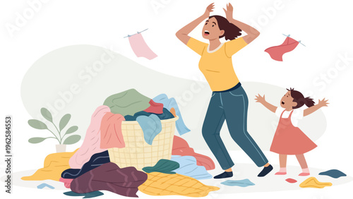 A frazzled woman and her excited daughter surrounded by a chaotic pile of laundry and clothes