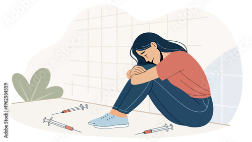 A woman sits on the floor in a state of distress surrounded by syringes