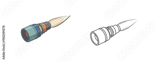 Space plasma engine in teal and orange cartoon style and black and white line art version isolated on white background representing advanced propulsion and space travel