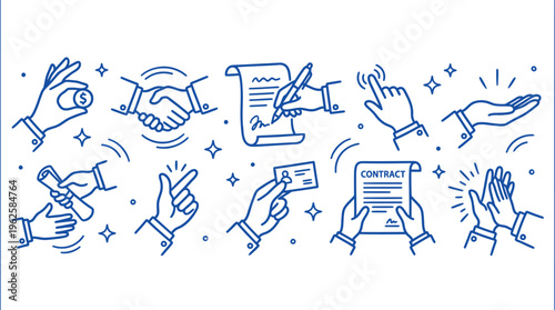 Business interaction and professional agreement icons for corporate communication and legal documentation projects