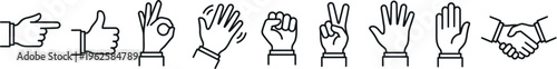 Minimal clean business hand gesture icon row showing pointing thumbs ok clapping fist peace stop and handshake for UI infographic and professional design assets