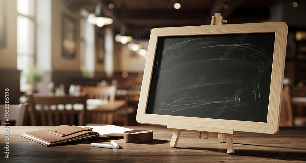 Fototapeta premium Mini Chalkboard on Easel with Notebook Isolated