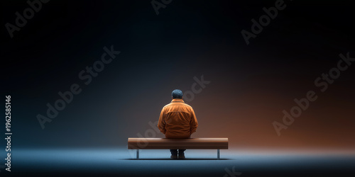 Lone person sitting on wooden bench in dark space