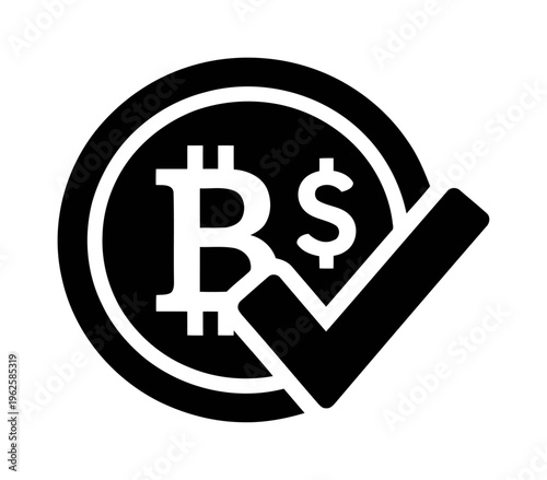 Bitcoin and dollar coin icon with check mark | black silhouette of cryptocurrency and fiat currency verification | minimalist vector illustration