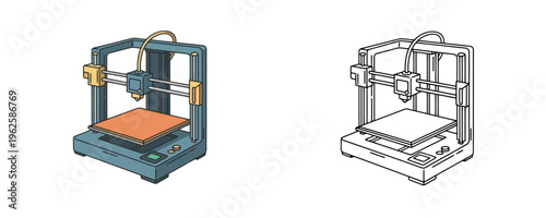 Desktop 3D printer in blue and orange cartoon style and black and white line art version isolated on white background used for prototyping and additive manufacturing