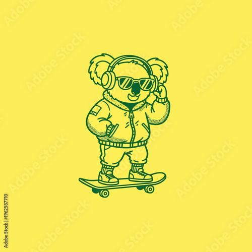 Bear on skateboard wearing headphones.