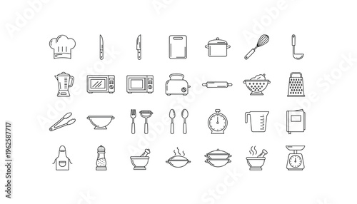 Kitchen utensils and appliances icons set for cooking and recipes