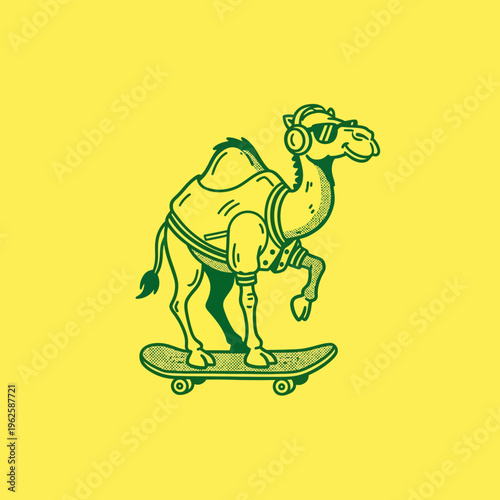 Camel wearing headphones on skateboard.