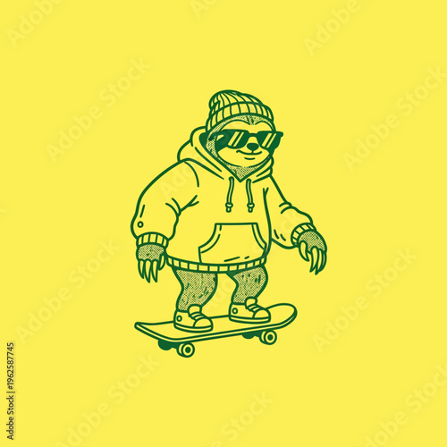 Bear on skateboard wearing hoodie.
