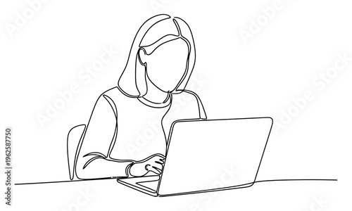 Woman Working On Laptop Freelance Remote Work Line Art Vector Illustration