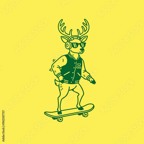 Deer wearing jacket riding skateboard.