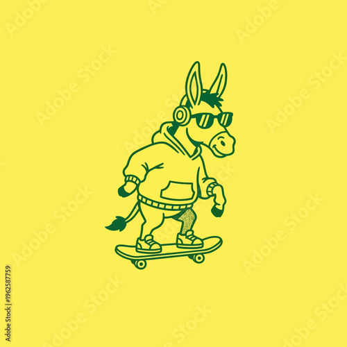 Donkey wearing sunglasses on skateboard.