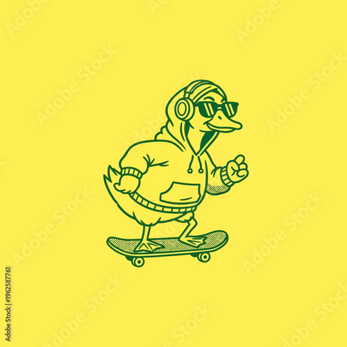 Duck wearing headphones on skateboard 1.