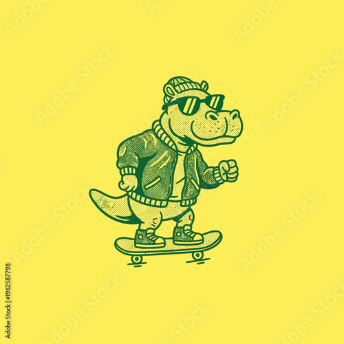 Hippo wearing jacket and sunglasses skateboarding.