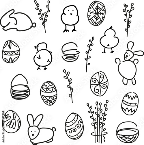 Hand drawn Easter set with cute bunny, chicks, decorated pysanka eggs and pussy willow branches. Simple doodle style illustration isolated on white background. Traditional spring holiday symbols perfe