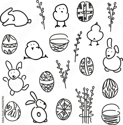 Hand drawn Easter set with cute bunny, chicks, decorated pysanka eggs and pussy willow branches. Simple doodle style illustration isolated on white background. Traditional spring holiday symbols perfe