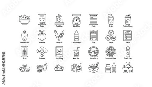 Healthy eating and nutrition icons for food planning and diet