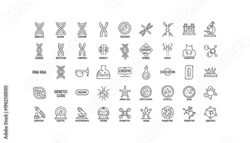 Genetics and biotechnology icons set for scientific and medical use
