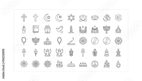 Diverse religious and spiritual symbols collection in minimalist line art
