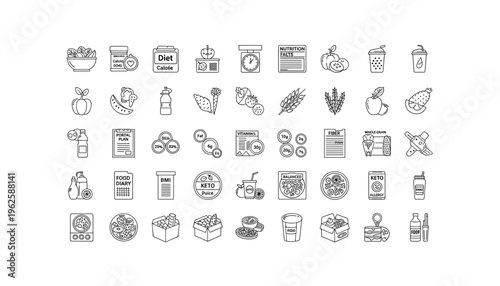 Healthy eating and nutrition icons for diet and wellness planning