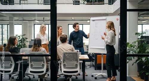 Business team collaborating around a whiteboard during a corporate meeting, discussing strategy and planning