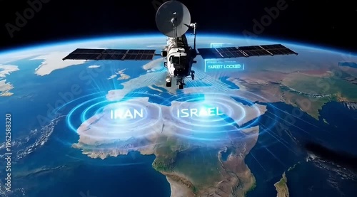 Satellite orbiting Earth with solar panels and Israel highlighted