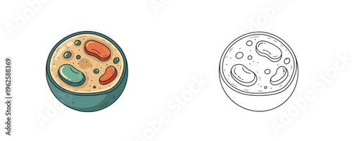 Synthetic biological cell in teal and orange cartoon style and black and white line art version isolated on white background representing biotechnology and genetic engineering