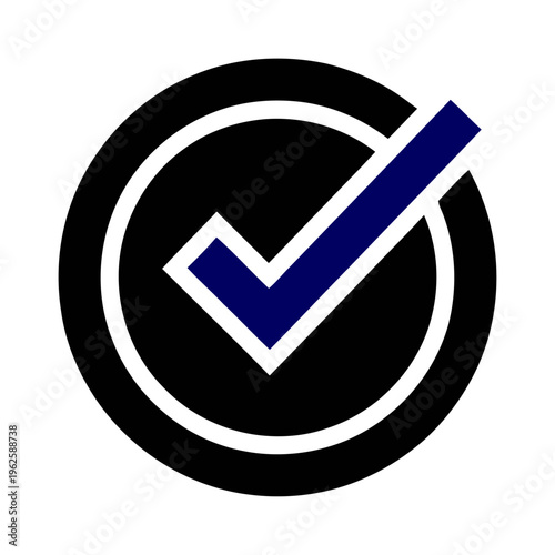 Verification check mark icon within double circles | blue and black silhouette representing approval and success | minimalist vector illustration