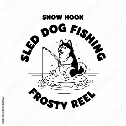 Dog sitting on ice fishing rod.