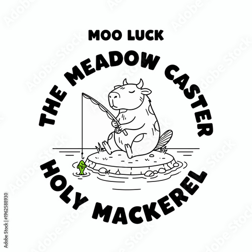 Cow Holding Fishing Rod Sitting.