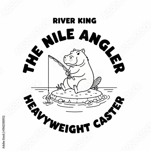 Hippo holding fishing rod sitting.