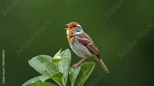 Small brown and white bird with a sharp beak perches on green leaves against a blurred green background