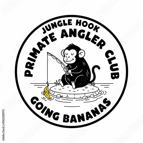 Monkey holding fishing rod sitting on rock.