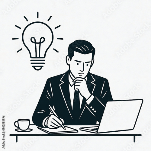 Business A man in a suit sitting at a desk with a laptop Vector