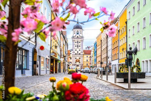 Tableau sur toile Vilshofen an der Donau, scenic German town view through flower frame